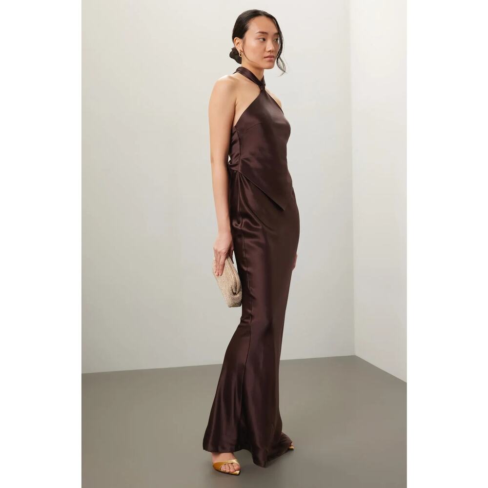 Retrofete Ester Brown Satin Tie Back Sheath Formal Dress, Prom Wedding Guest L